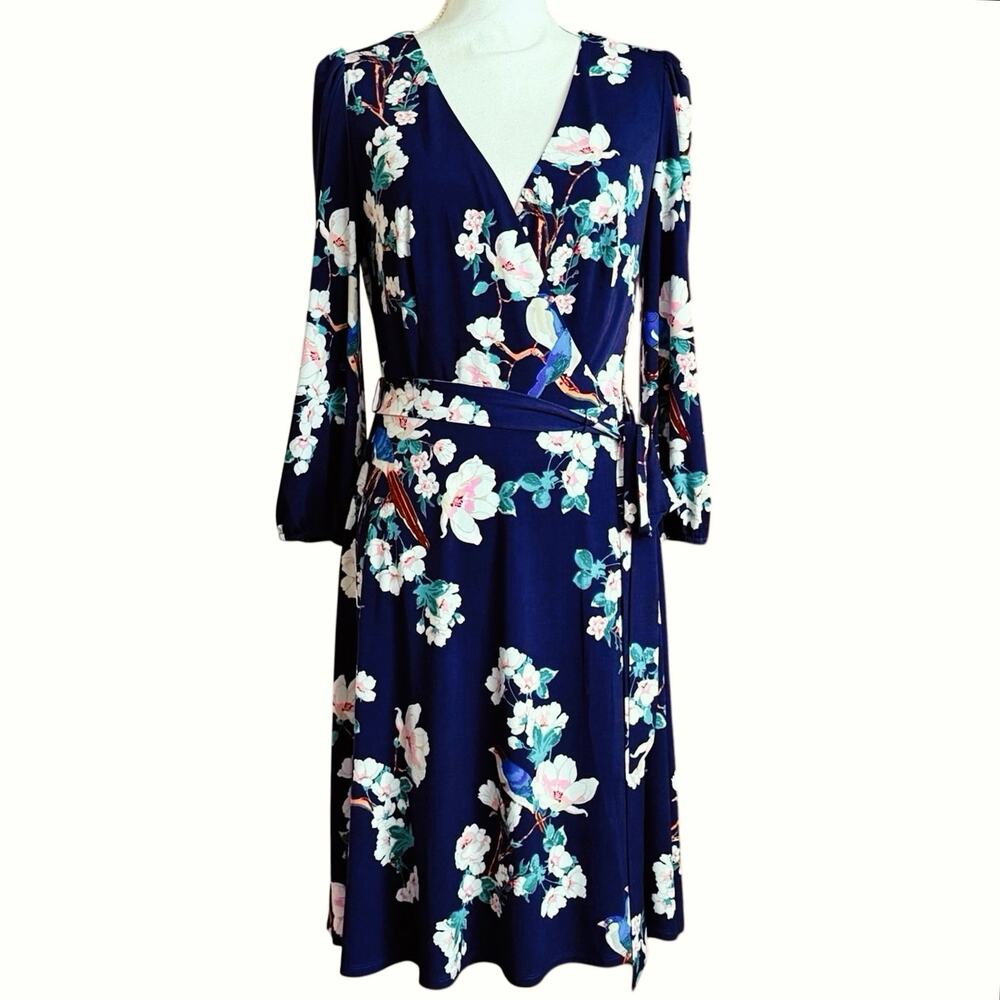 Eliza J wrap style floral print dress stretch slinky knit women's size 10